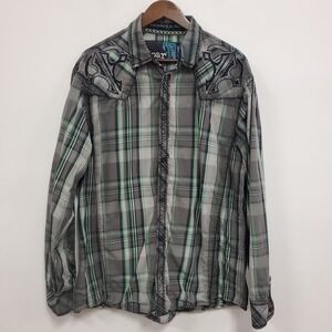 Roar Men Long Sleeve Button Up Rockabilly Embroidered Shirt Size XXL Gray Grunge